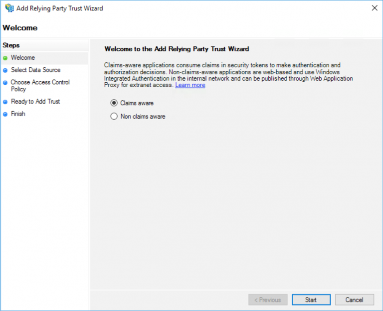 AD FS Claims-aware selection screenshot